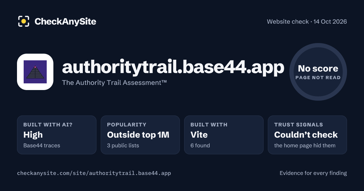 authoritytrail.base44.app on CheckAnySite: AI traces high, popularity Outside top 1M, no score.