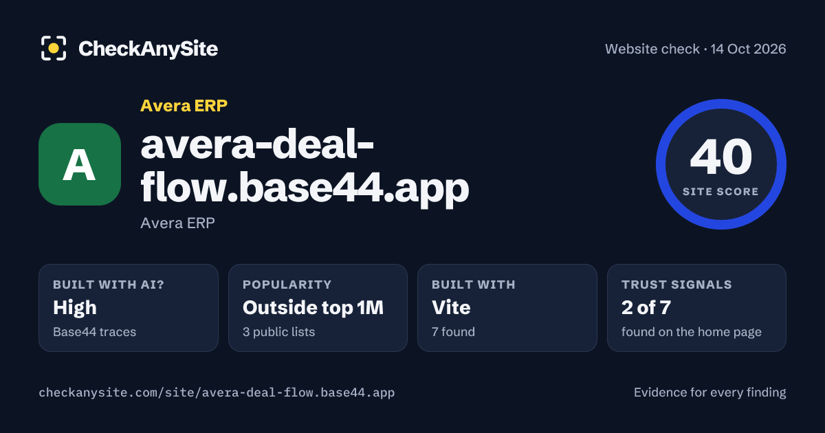 avera-deal-flow.base44.app on CheckAnySite: AI traces high, popularity Outside top 1M, site score 40 of 100.