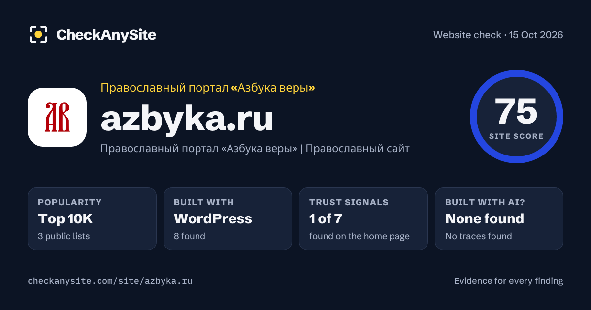 azbyka.ru on CheckAnySite: AI traces none found, popularity Top 10K, site score 75 of 100.