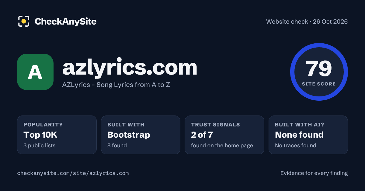 azlyrics.com on CheckAnySite: AI traces none found, popularity Top 10K, site score 79 of 100.