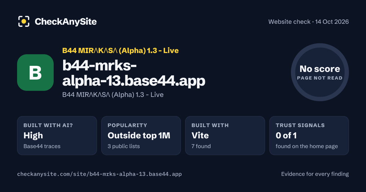 b44-mrks-alpha-13.base44.app on CheckAnySite: AI traces high, popularity Outside top 1M, no score.