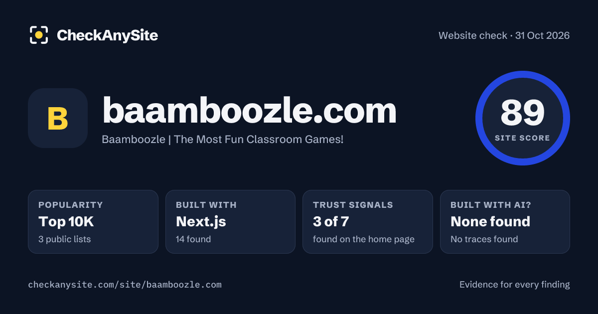 baamboozle.com on CheckAnySite: AI traces none found, popularity Top 10K, site score 89 of 100.