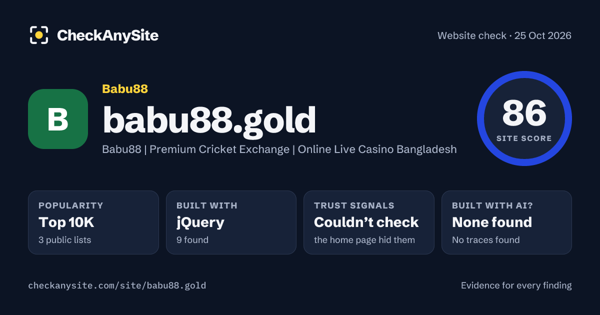babu88.gold on CheckAnySite: AI traces none found, popularity Top 10K, site score 86 of 100.