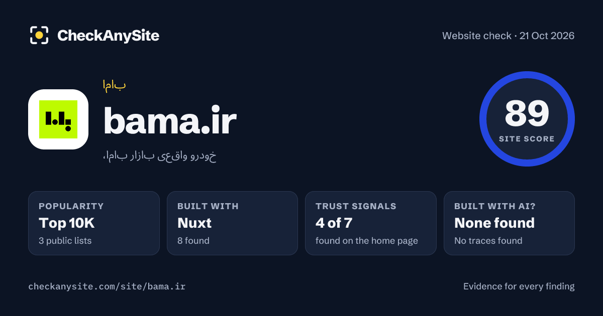 bama.ir on CheckAnySite: AI traces none found, popularity Top 10K, site score 89 of 100.