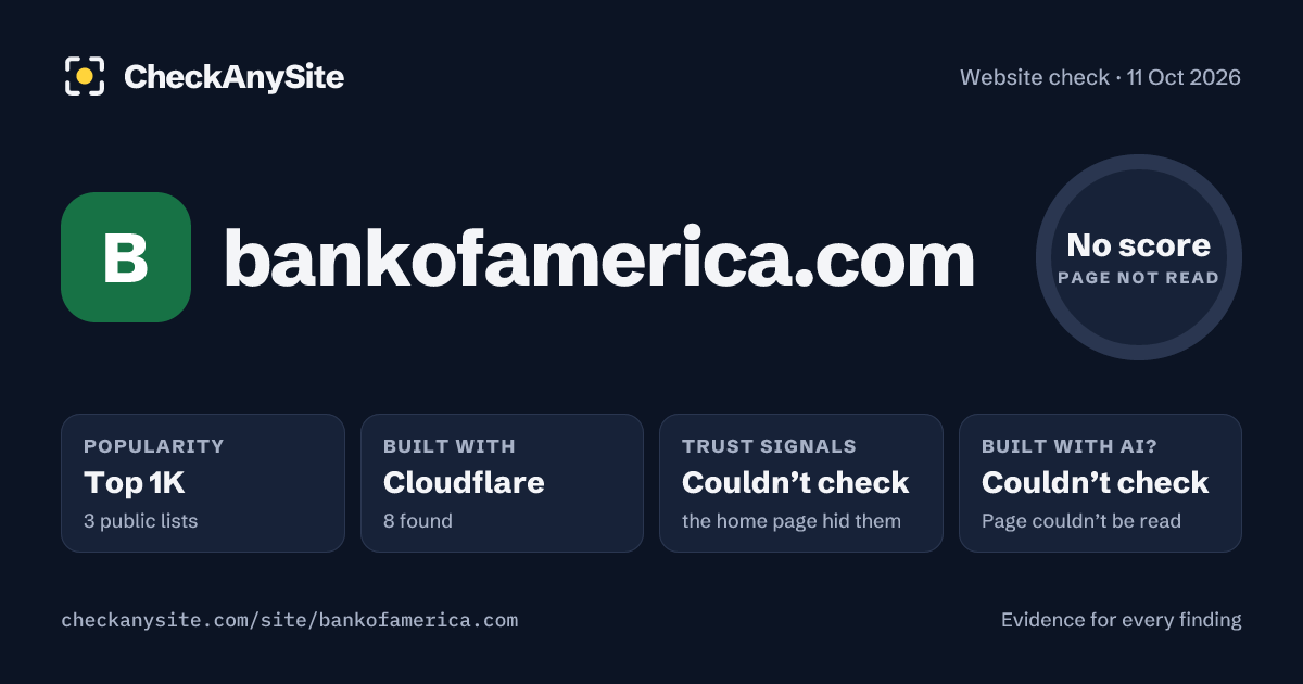 bankofamerica.com on CheckAnySite: AI traces couldn’t check, popularity Top 1K, no score.