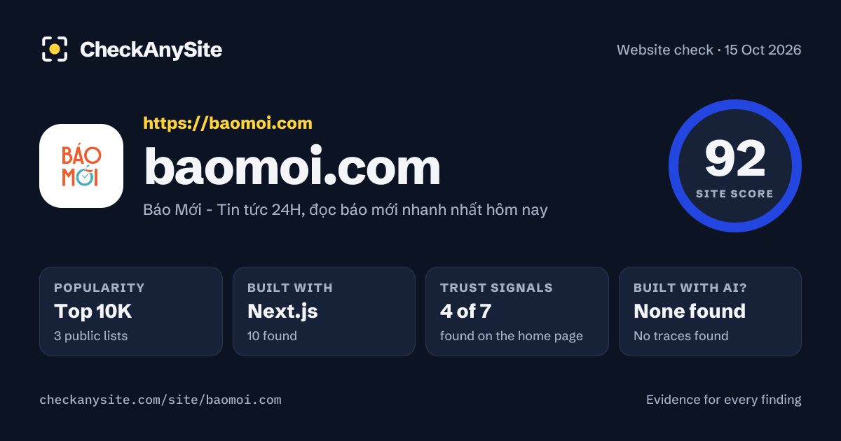 baomoi.com on CheckAnySite: AI traces none found, popularity Top 10K, site score 92 of 100.