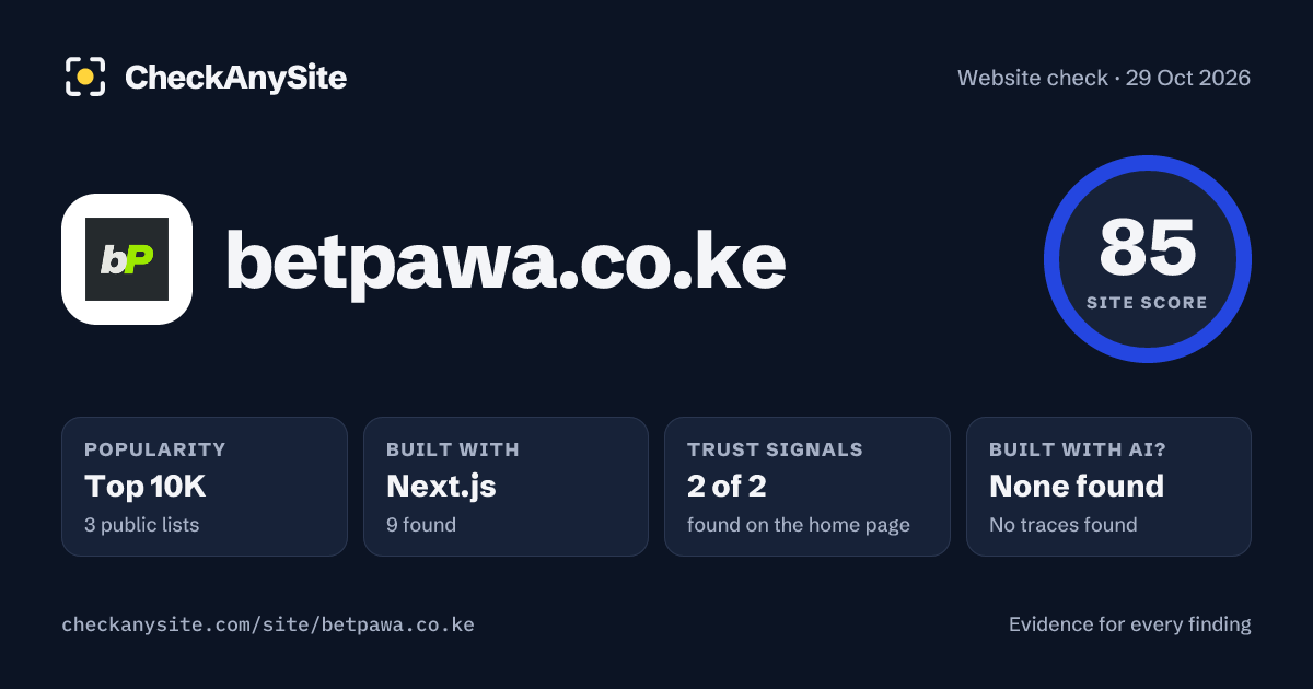 betpawa.co.ke on CheckAnySite: AI traces none found, popularity Top 10K, site score 85 of 100.