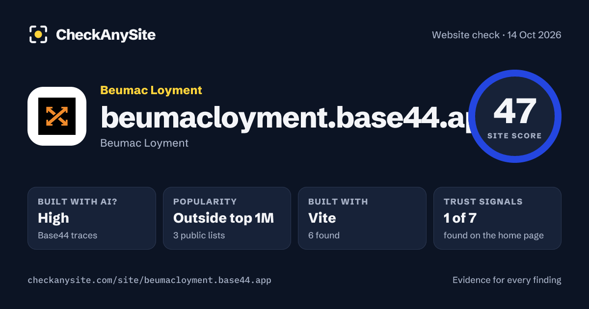 beumacloyment.base44.app on CheckAnySite: AI traces high, popularity Outside top 1M, site score 47 of 100.