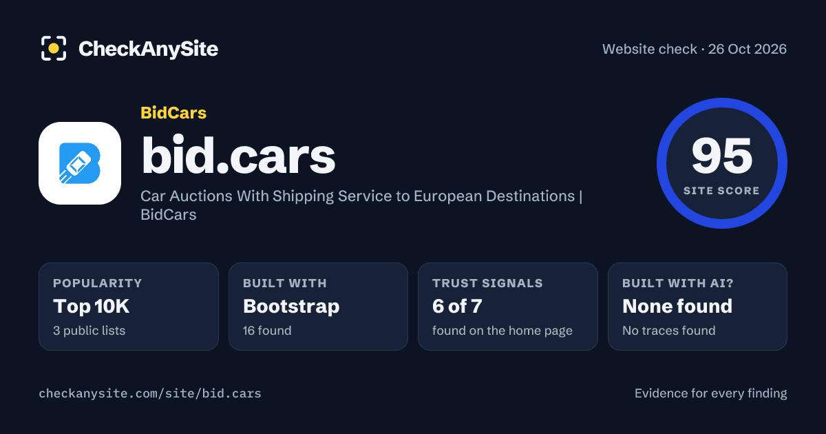 bid.cars on CheckAnySite: AI traces none found, popularity Top 10K, site score 95 of 100.