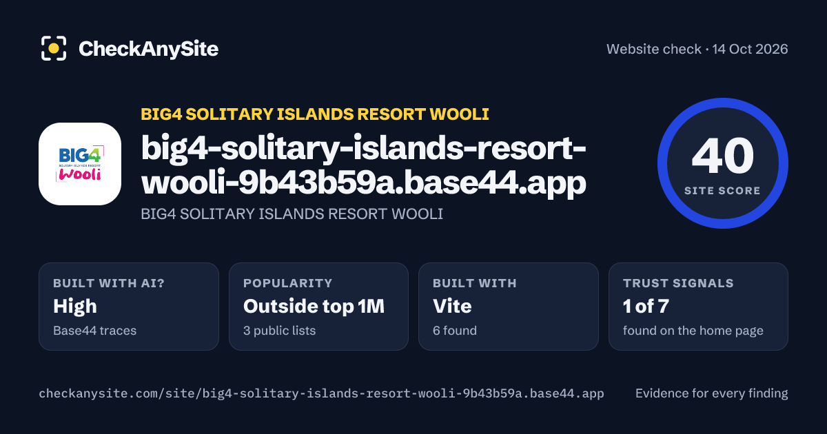 big4-solitary-islands-resort-wooli-9b43b59a.base44.app on CheckAnySite: AI traces high, popularity Outside top 1M, site score 40 of 100.