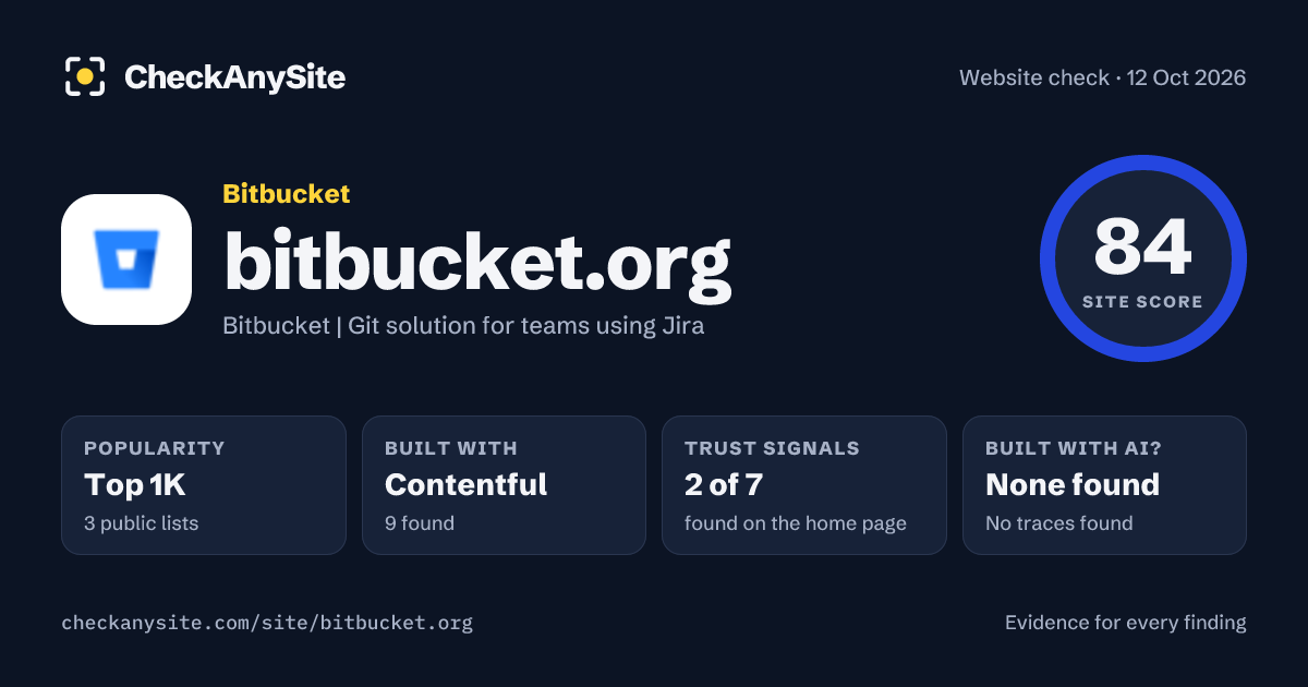 bitbucket.org on CheckAnySite: AI traces none found, popularity Top 1K, site score 84 of 100.