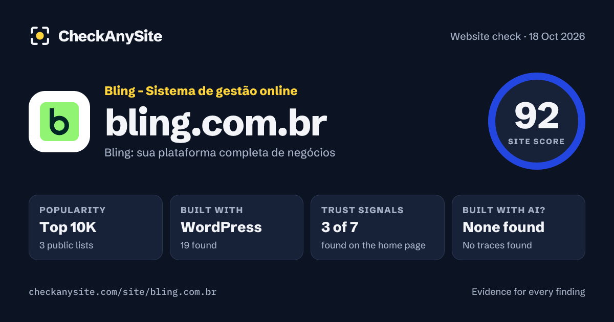 bling.com.br on CheckAnySite: AI traces none found, popularity Top 10K, site score 92 of 100.