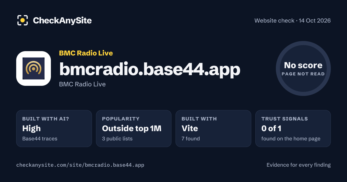 bmcradio.base44.app on CheckAnySite: AI traces high, popularity Outside top 1M, no score.