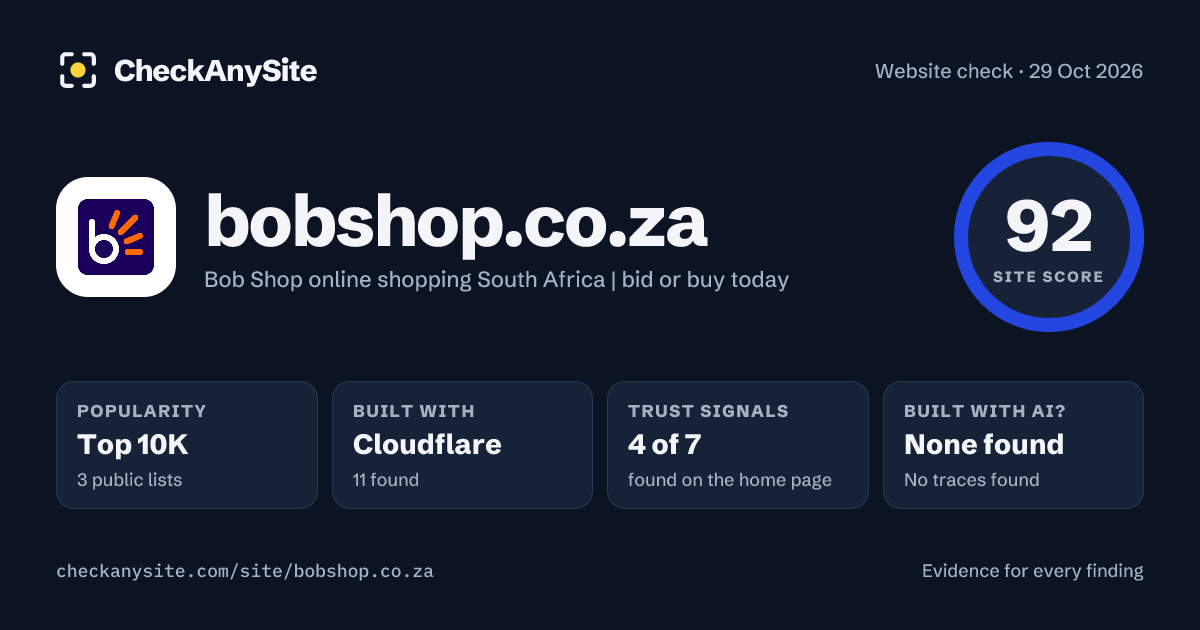 bobshop.co.za on CheckAnySite: AI traces none found, popularity Top 10K, site score 92 of 100.