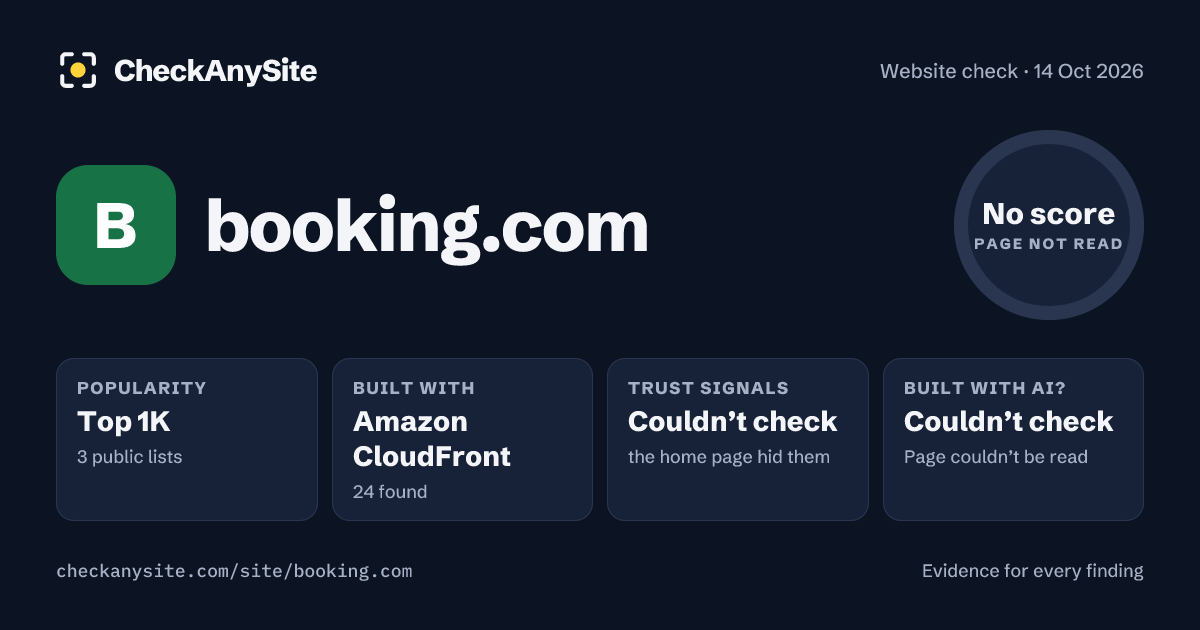 booking.com on CheckAnySite: AI traces couldn’t check, popularity Top 1K, no score.