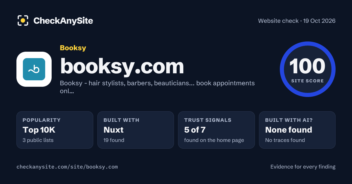 booksy.com on CheckAnySite: AI traces none found, popularity Top 10K, site score 100 of 100.