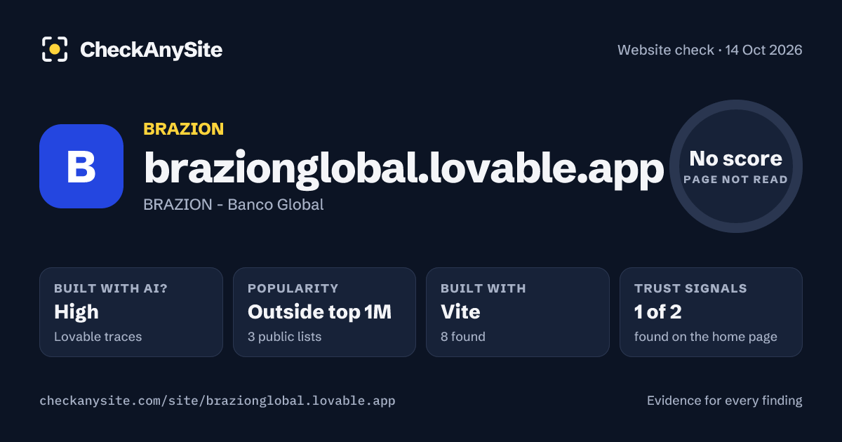 brazionglobal.lovable.app on CheckAnySite: AI traces high, popularity Outside top 1M, no score.