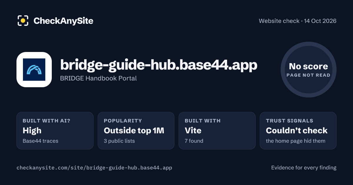 bridge-guide-hub.base44.app on CheckAnySite: AI traces high, popularity Outside top 1M, no score.