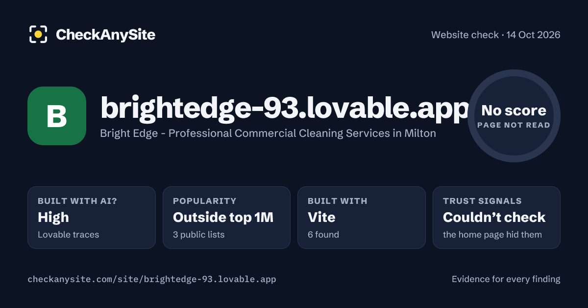 brightedge-93.lovable.app on CheckAnySite: AI traces high, popularity Outside top 1M, no score.
