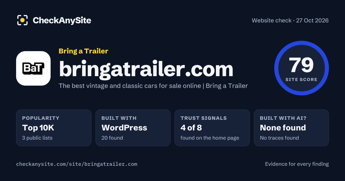 bringatrailer.com on CheckAnySite: AI traces none found, popularity Top 10K, site score 79 of 100.