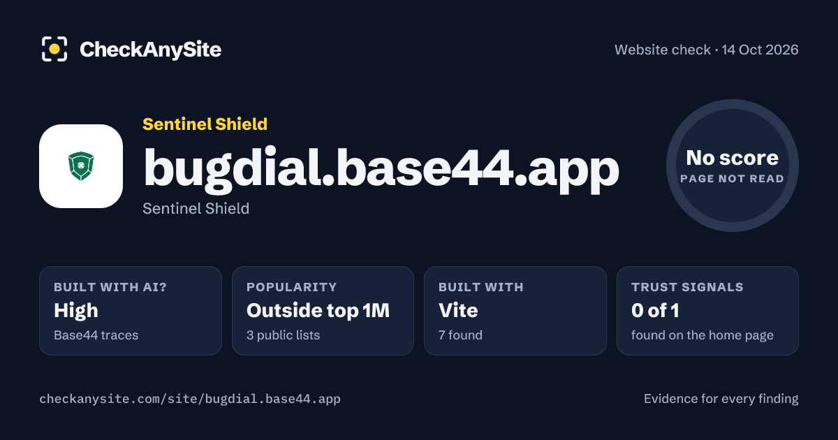 bugdial.base44.app on CheckAnySite: AI traces high, popularity Outside top 1M, no score.