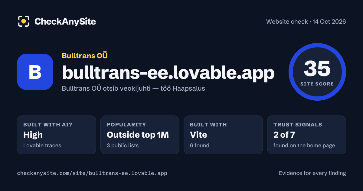bulltrans-ee.lovable.app on CheckAnySite: AI traces high, popularity Outside top 1M, site score 35 of 100.