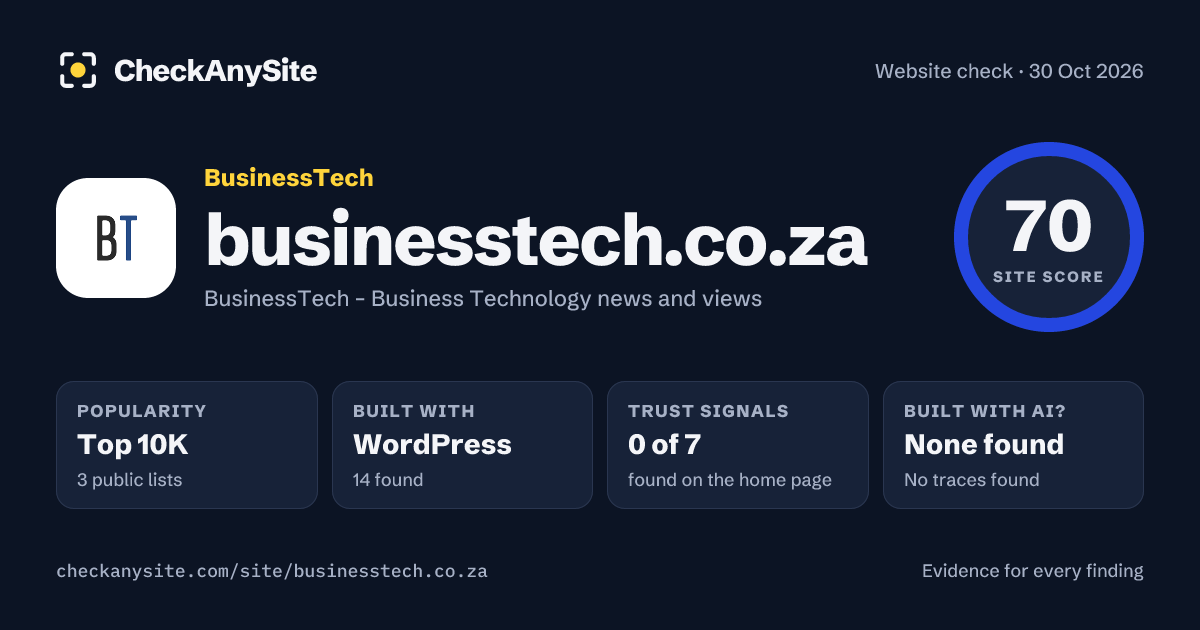 businesstech.co.za on CheckAnySite: AI traces none found, popularity Top 10K, site score 70 of 100.
