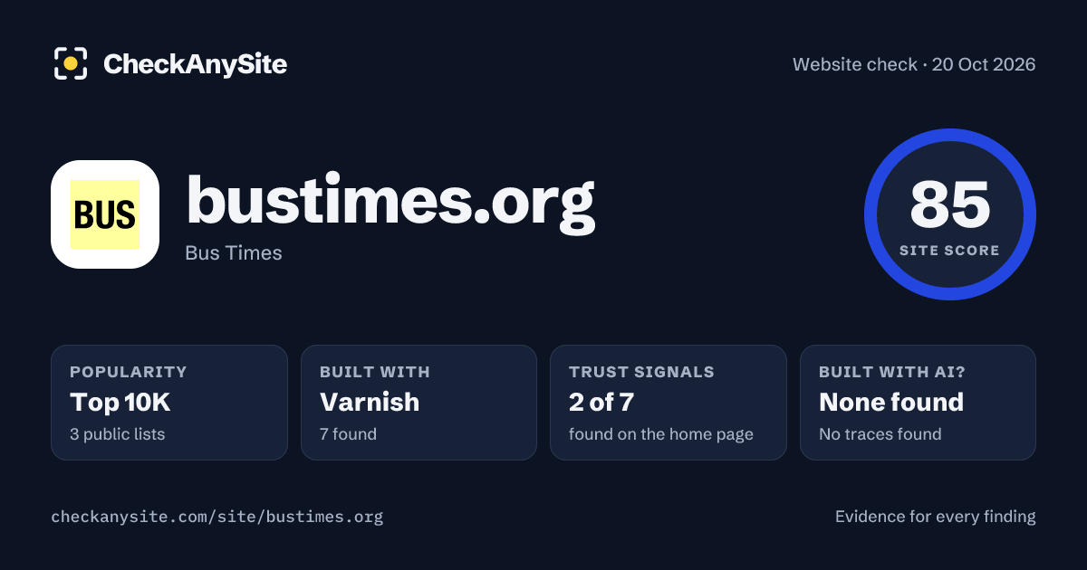 bustimes.org on CheckAnySite: AI traces none found, popularity Top 10K, site score 85 of 100.