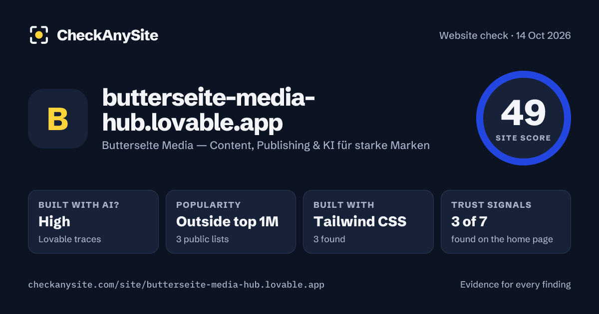 butterseite-media-hub.lovable.app on CheckAnySite: AI traces high, popularity Outside top 1M, site score 49 of 100.