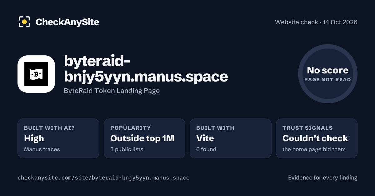 byteraid-bnjy5yyn.manus.space on CheckAnySite: AI traces high, popularity Outside top 1M, no score.