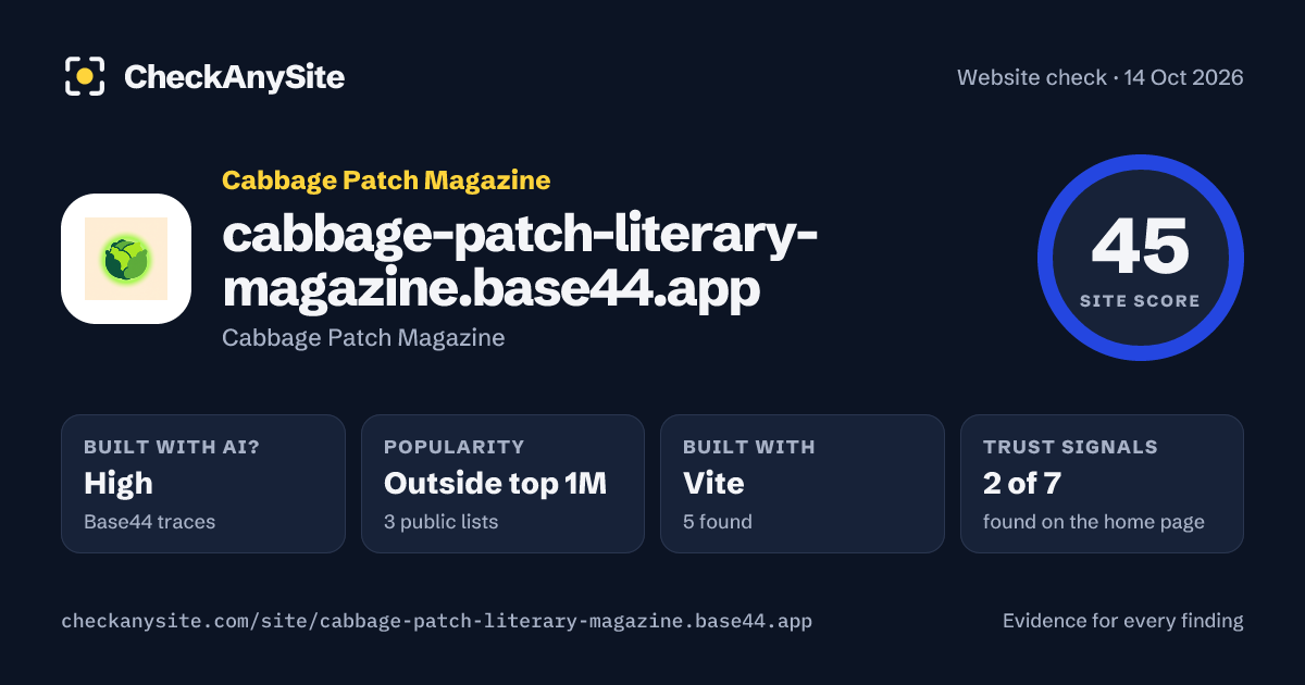 cabbage-patch-literary-magazine.base44.app on CheckAnySite: AI traces high, popularity Outside top 1M, site score 45 of 100.