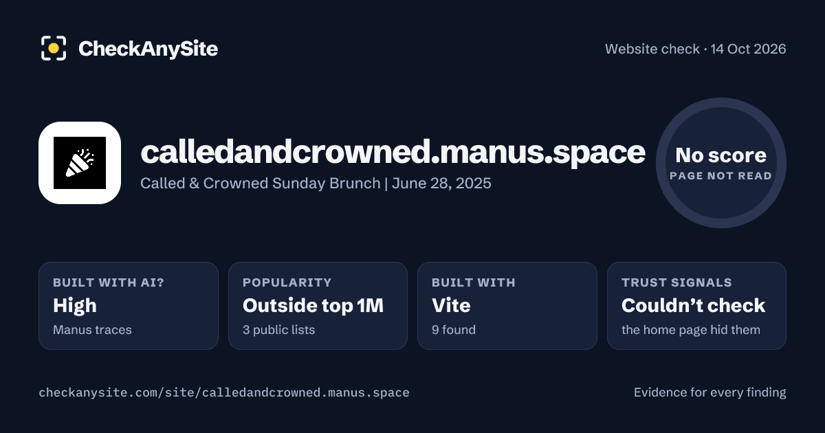 calledandcrowned.manus.space on CheckAnySite: AI traces high, popularity Outside top 1M, no score.