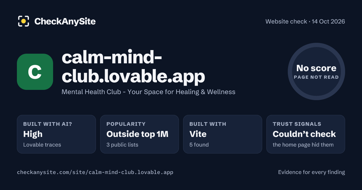 calm-mind-club.lovable.app on CheckAnySite: AI traces high, popularity Outside top 1M, no score.
