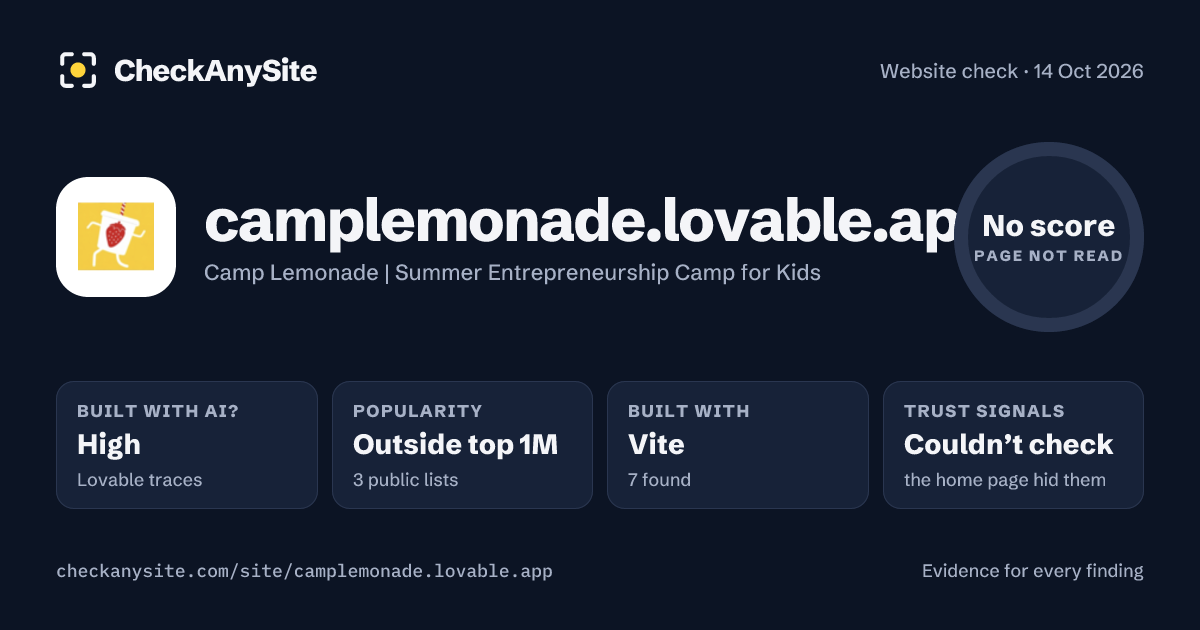 camplemonade.lovable.app on CheckAnySite: AI traces high, popularity Outside top 1M, no score.