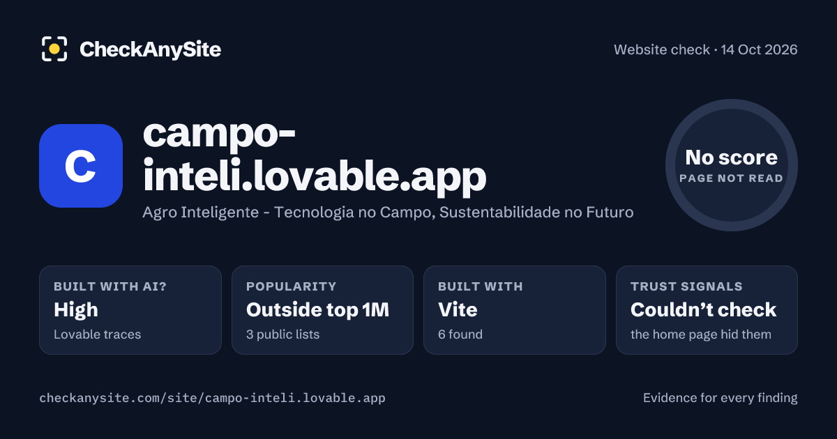 campo-inteli.lovable.app on CheckAnySite: AI traces high, popularity Outside top 1M, no score.