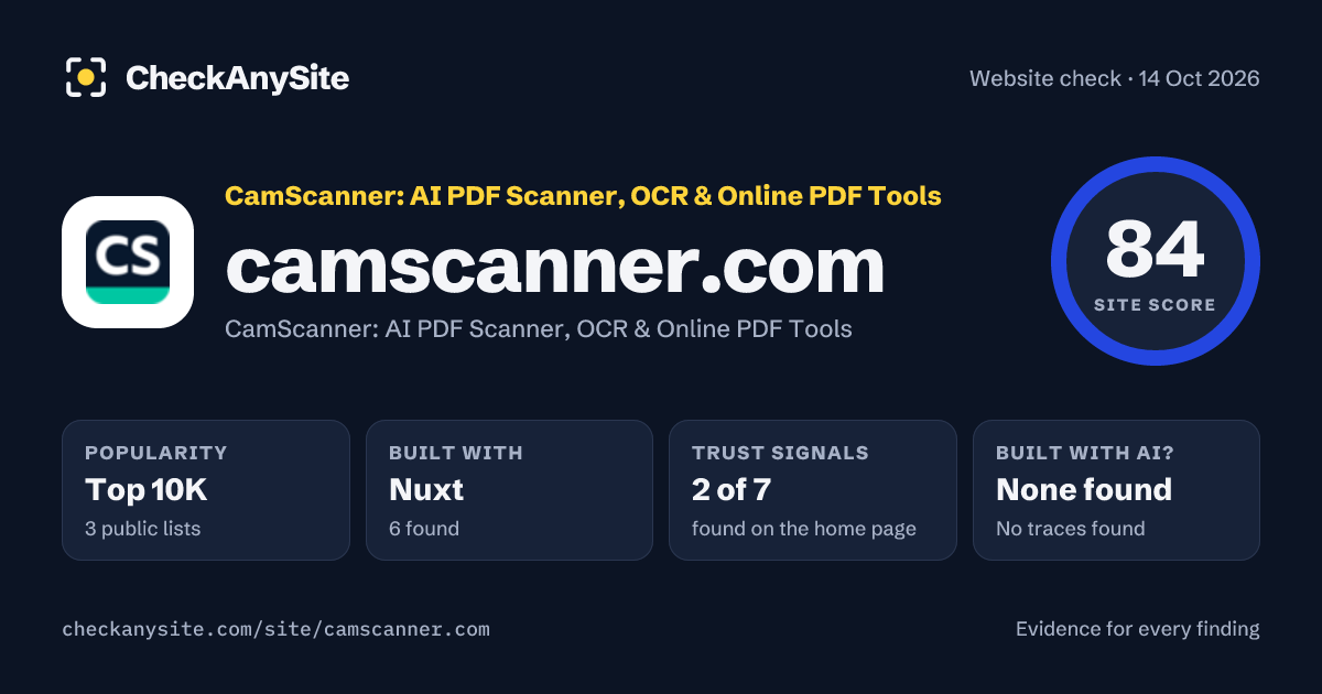 camscanner.com on CheckAnySite: AI traces none found, popularity Top 10K, site score 84 of 100.