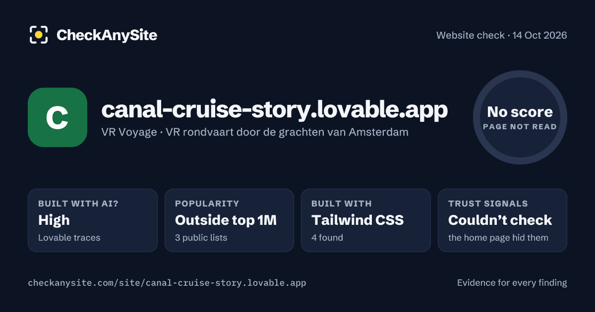 canal-cruise-story.lovable.app on CheckAnySite: AI traces high, popularity Outside top 1M, no score.