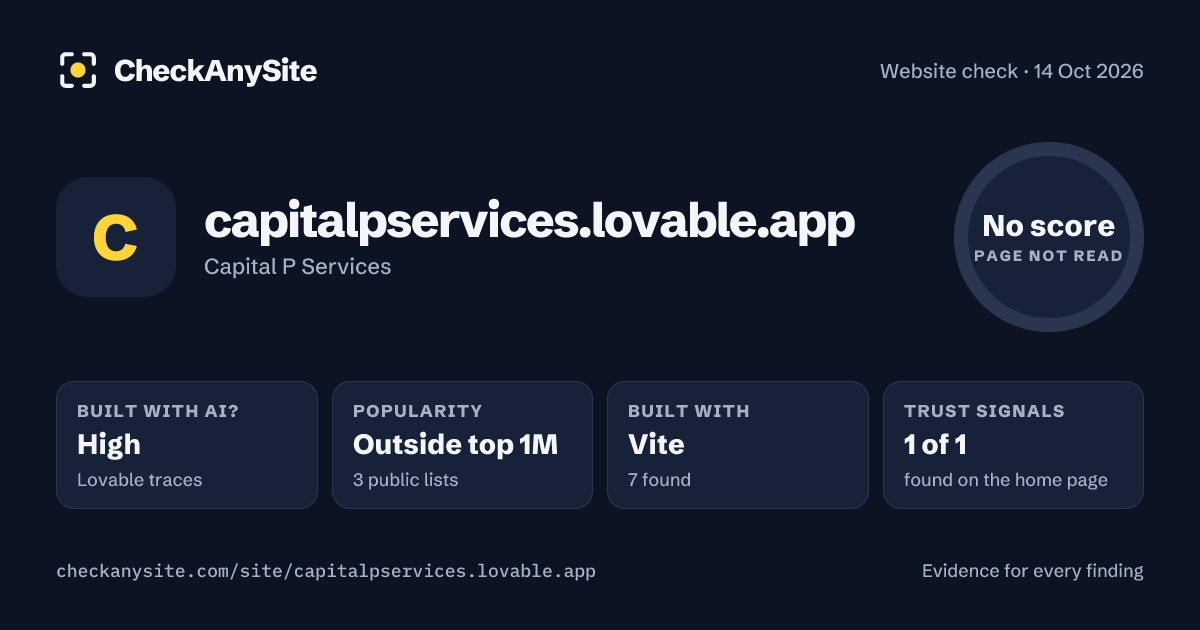 capitalpservices.lovable.app on CheckAnySite: AI traces high, popularity Outside top 1M, no score.