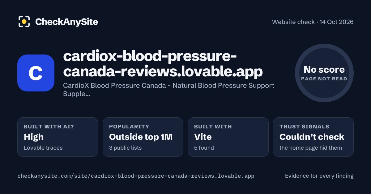 cardiox-blood-pressure-canada-reviews.lovable.app on CheckAnySite: AI traces high, popularity Outside top 1M, no score.