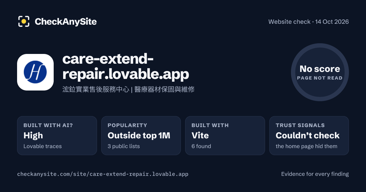 care-extend-repair.lovable.app on CheckAnySite: AI traces high, popularity Outside top 1M, no score.