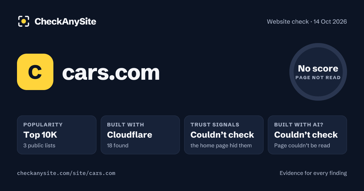 cars.com on CheckAnySite: AI traces couldn’t check, popularity Top 10K, no score.