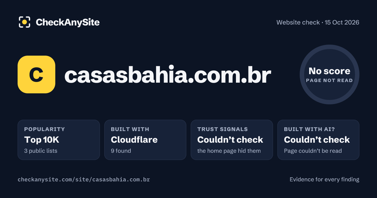 casasbahia.com.br on CheckAnySite: AI traces couldn’t check, popularity Top 10K, no score.