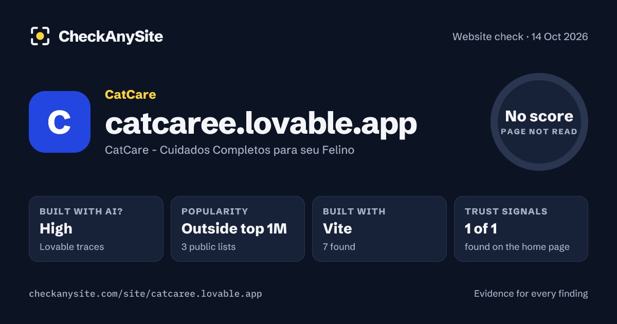 catcaree.lovable.app on CheckAnySite: AI traces high, popularity Outside top 1M, no score.