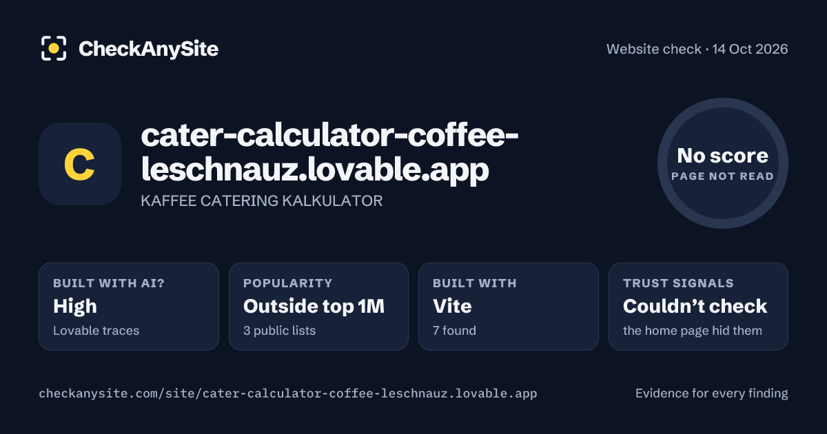 cater-calculator-coffee-leschnauz.lovable.app on CheckAnySite: AI traces high, popularity Outside top 1M, no score.