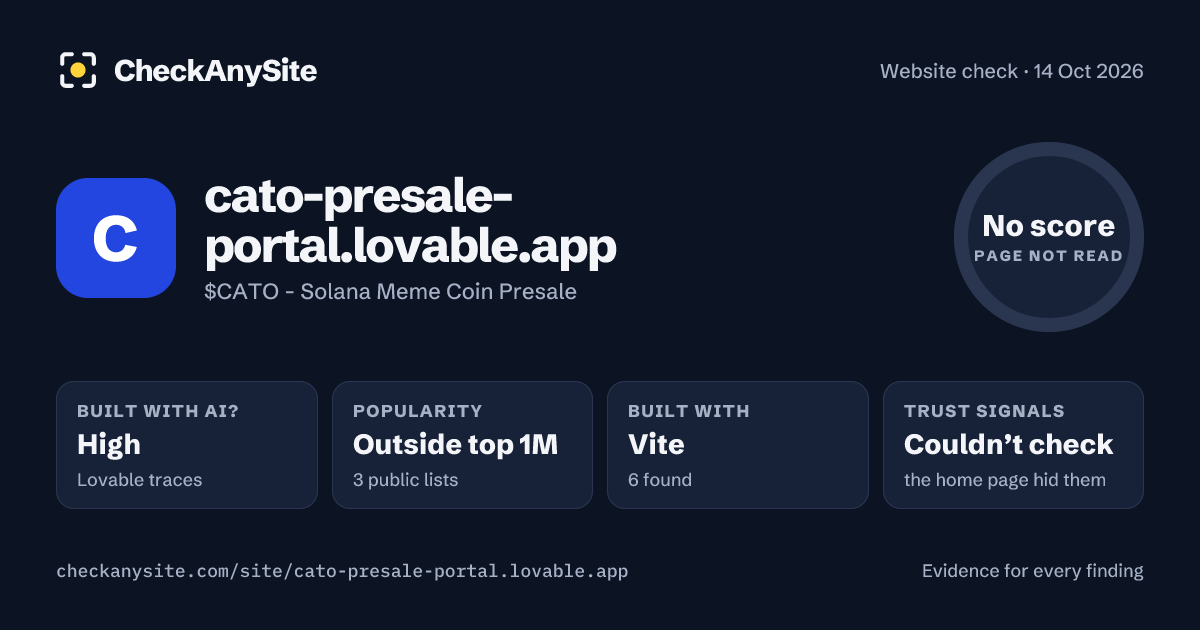 cato-presale-portal.lovable.app on CheckAnySite: AI traces high, popularity Outside top 1M, no score.