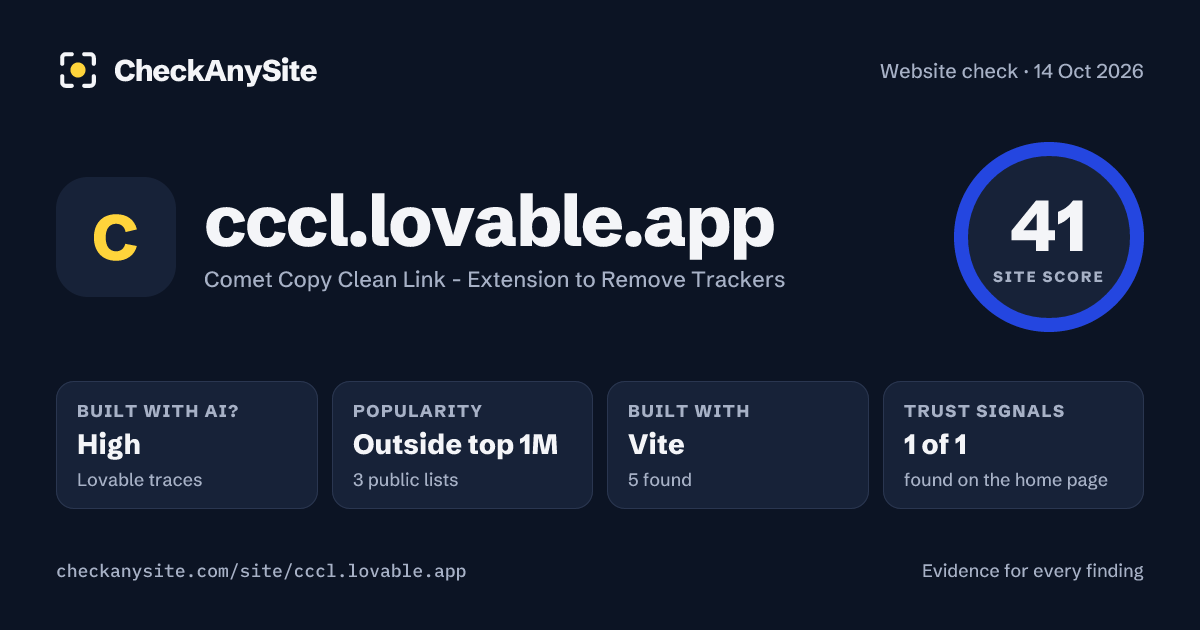 cccl.lovable.app on CheckAnySite: AI traces high, popularity Outside top 1M, site score 41 of 100.