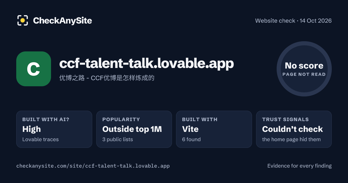 ccf-talent-talk.lovable.app on CheckAnySite: AI traces high, popularity Outside top 1M, no score.