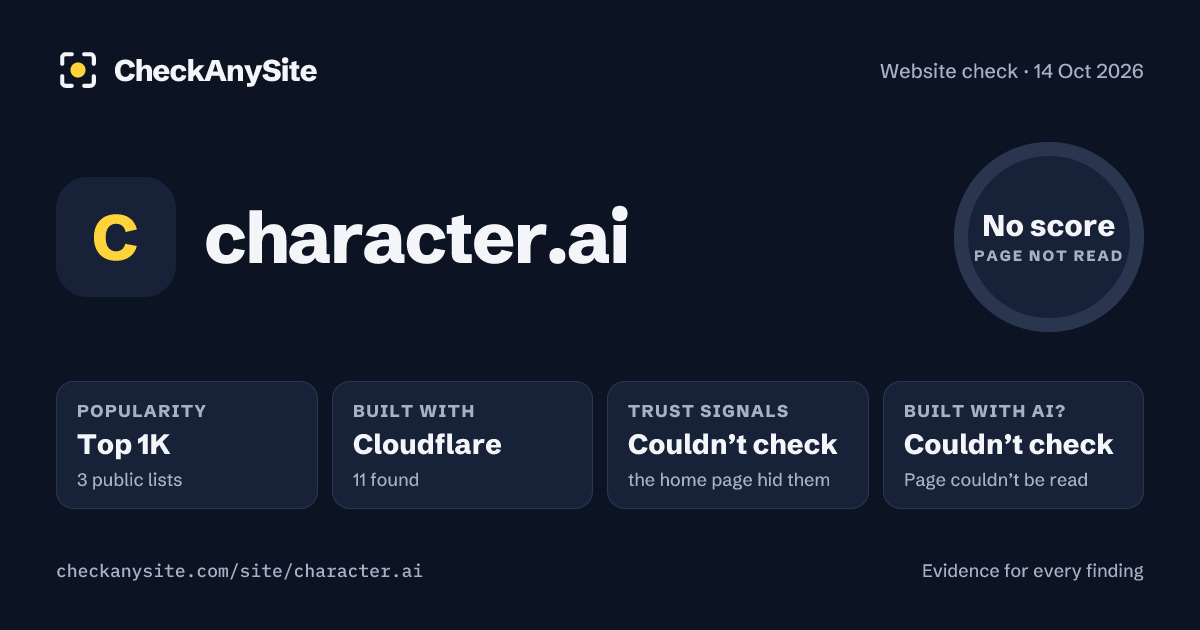 character.ai on CheckAnySite: AI traces couldn’t check, popularity Top 1K, no score.