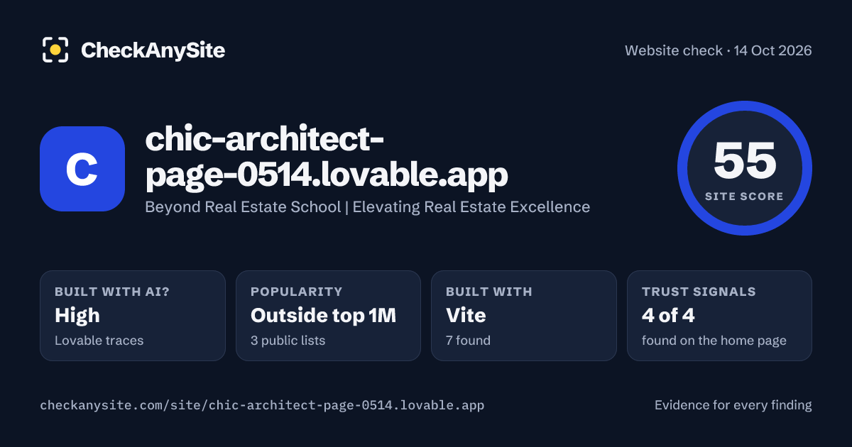 chic-architect-page-0514.lovable.app on CheckAnySite: AI traces high, popularity Outside top 1M, site score 55 of 100.