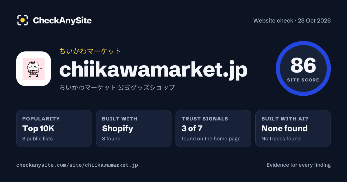 chiikawamarket.jp on CheckAnySite: AI traces none found, popularity Top 10K, site score 86 of 100.